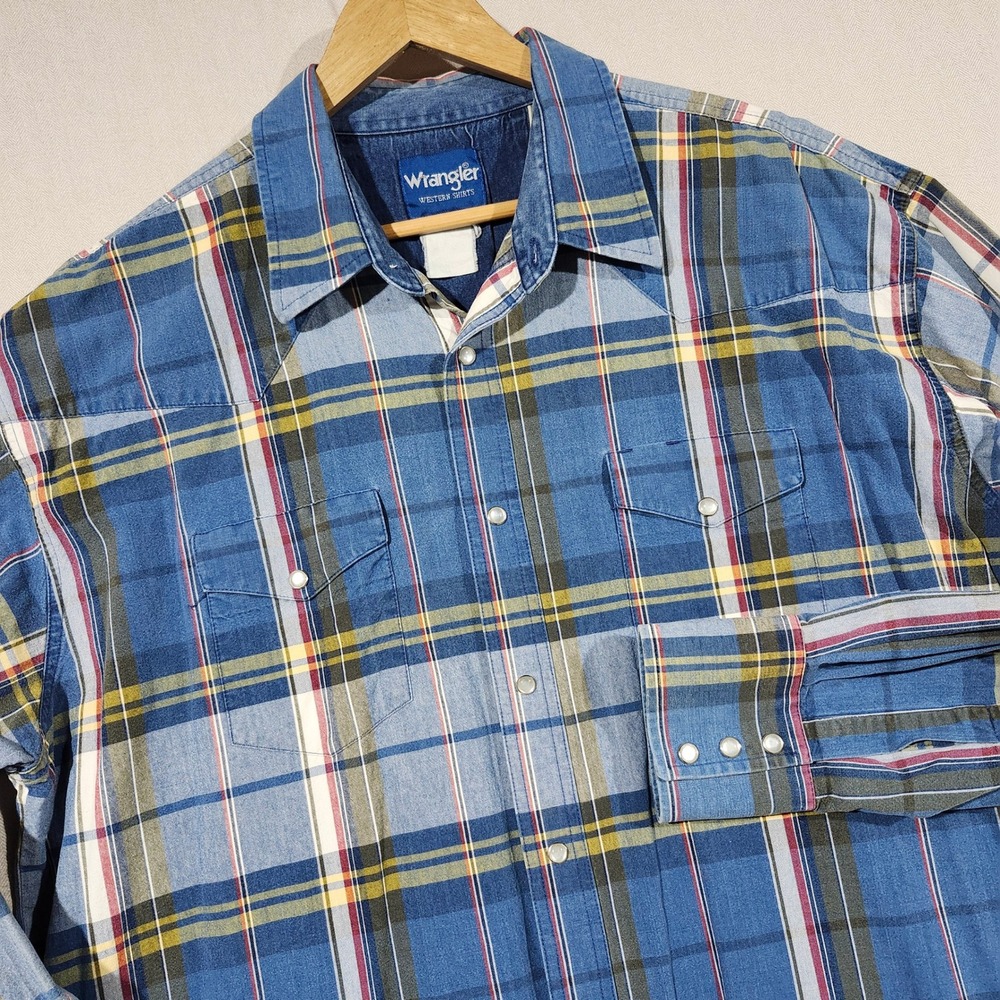 Vintage Wrangler Western Shirt Mens Plaid Long Sleeve Pearl Snap Blue Yellow 2XL